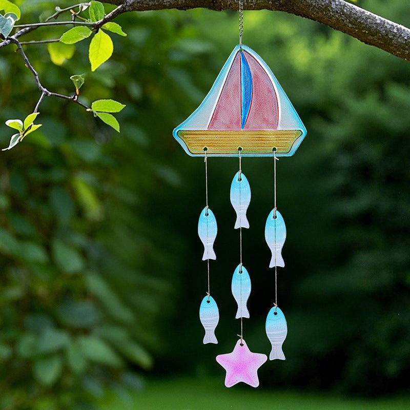Wholesale Stained glass wind chime ocean turtle sailboat starfish ornaments garden pendant